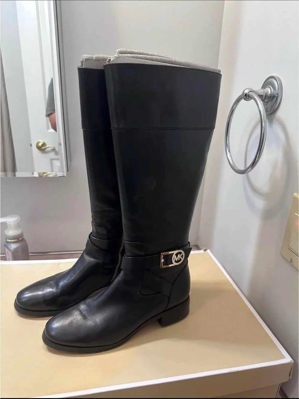 Michael Kors Black Leather Over-the-Knee Boots with MK Buckle